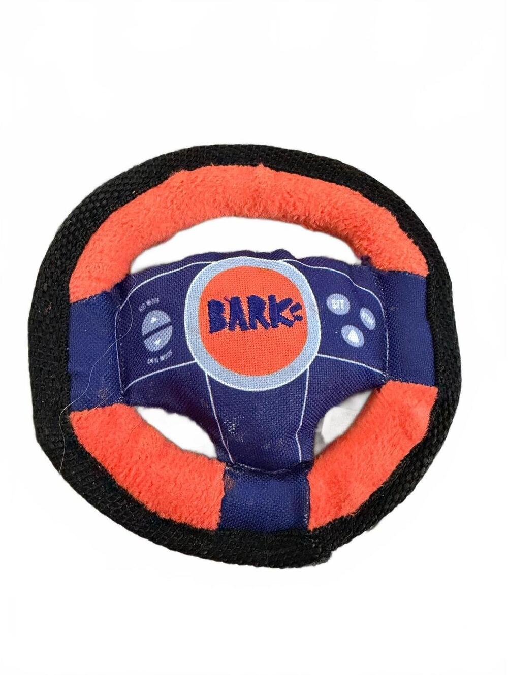 Bark & Co Plush Dog Toy Steering Wheel in Orange and Navy Blue Small Dog
